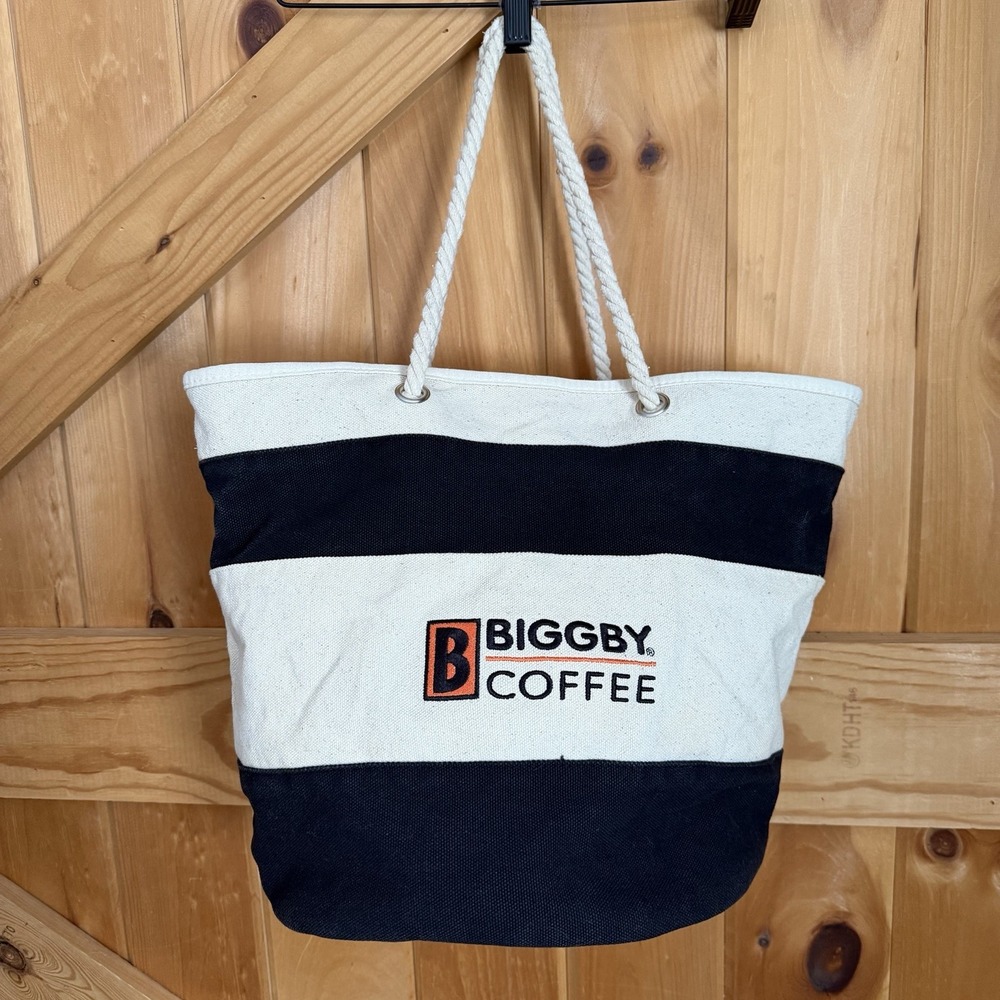 Biggby Coffee Canvas Tote Bag‎ Black Stripes Rope Handle 12" Tall